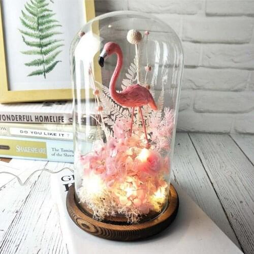 Flamingo and Flowers with LED Light In Glass Dome for Home Decoration