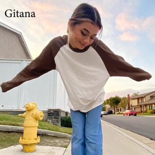Gitana Y2K Oversized T Shirt Women Kawaii Long Sleeve Patchwork Tee Shirt Autumn Harajuku Loose Tees 2021 Female Clothing