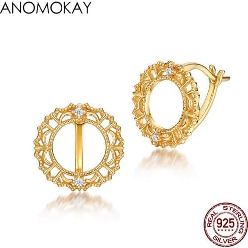 Anomokay Classic Openwork Flower Lace Round Gold Color Earrings for Women Mom Real 925 Sterling Silver White CZ Vintage Earring