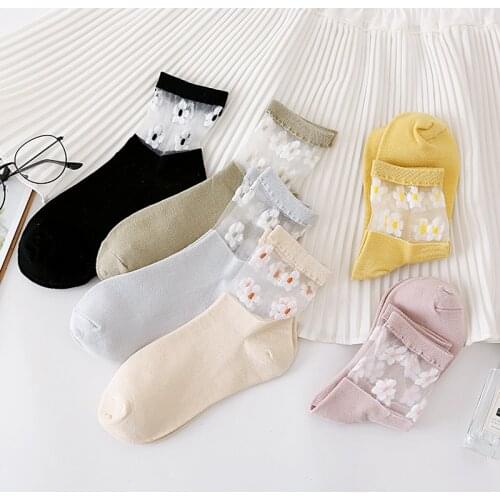 Summer Ultra-thin Transparent Glass Silk Socks for Women Fashion Floral Print Japanese Kawaii Cute Harajuku Elastic Short Socks