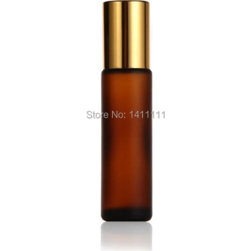 Frosted 10ml 1/3OZ Thick Amber Brown Glass Roll On Essential Oils Bottle Fragrances + Metal Roller Ball - Gold cap 700pcs/lot