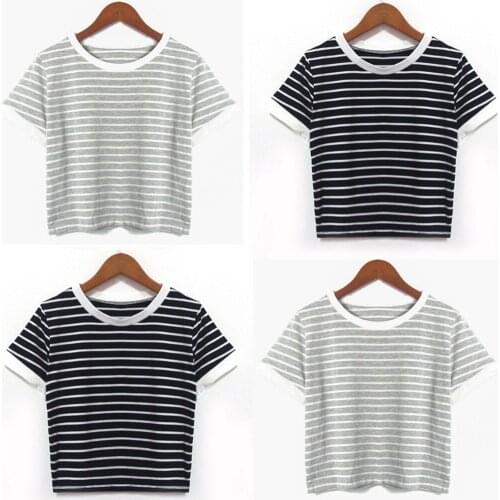 Fashion Women Short Sleeve Striped Casual T Shirt O Neck clothes for girls korean style Sweatband Cotton 100 T-shirt Wholesale