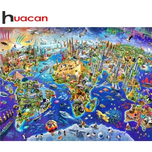Huacan 5d DIY Diamond Painting Full Square/Round World Map Lion Mosaic Diamond Embroidery Kit Bird Building Animal Home Decor
