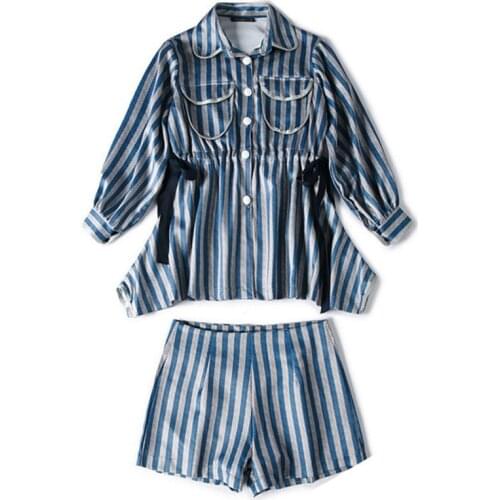 YUZACDWX 2020 New product Vintage Denim Women 2 Pices SetsStriped shirt and Loose wide leg shorts Outfits Femme