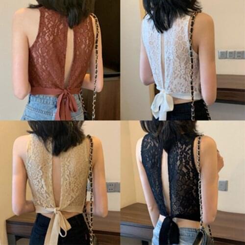 2021 New Back Hook Lace Stitching Lace Up Knitted Vest Womens Hollow Strap Top