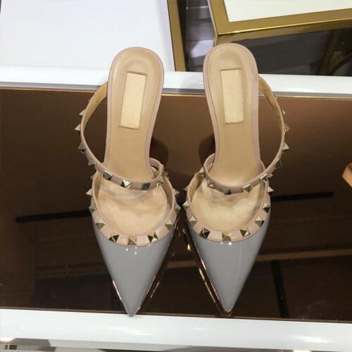 New style sexy lady women shoes grey patent leather strappy spikes rivets high heels point toe sandals Slipper flip flop mules