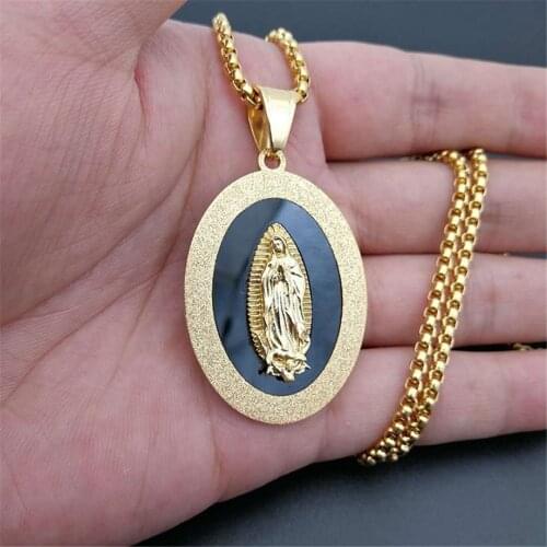 Virgin Mary Pendant Necklace Stainless Steel Men Christian Jewelry Our Lady of Guadalupe Miraculous Oval Medal Necklace