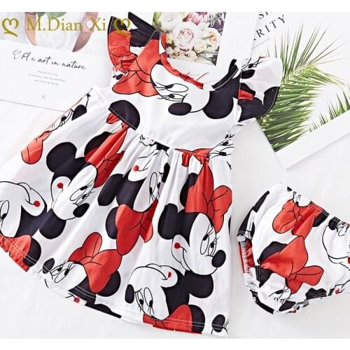 2PCS Toddler Baby Girl Dress Summer Dress Flying Sleeve Newborn Baby Dress Cotton Minnie Dress + Baby Girl Underwear