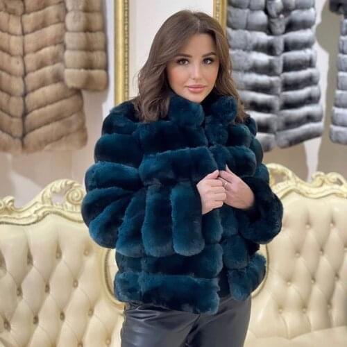 Chic Stand Collar Fur Coat Women Real Rex Rabbit Fur Jacket Autumn Winter Fashion Warm Overcoat
