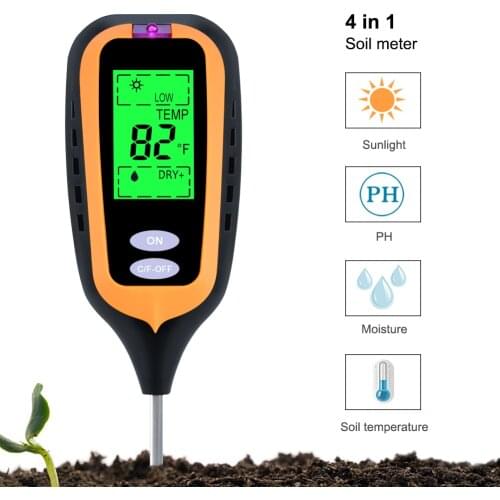 Yieryi New 4 IN 1 Digital Soil Moisture Meter PH Meter Temperature Sunlight Tester for Garden Farm Lawn Plant with LCD Displayer