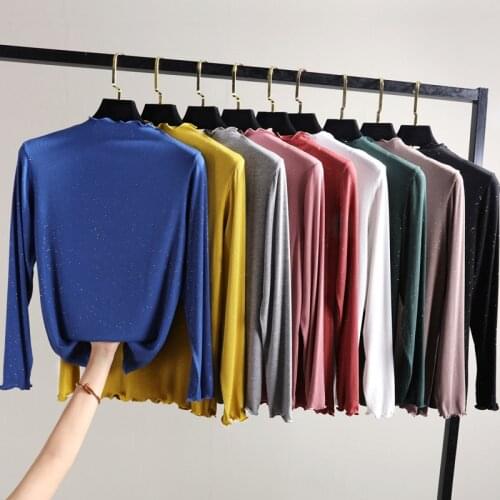 Spring Summer Long-Sleeved Half-Collar Top Womens Wooden T shirts Plus Size Bottom Shirt Sequined Slim Thin Autumn Clothes