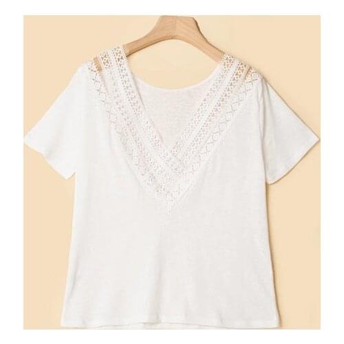 Ladies Cotton Embroidery Hollow Out V Neckline Two-wear Style Tees Top