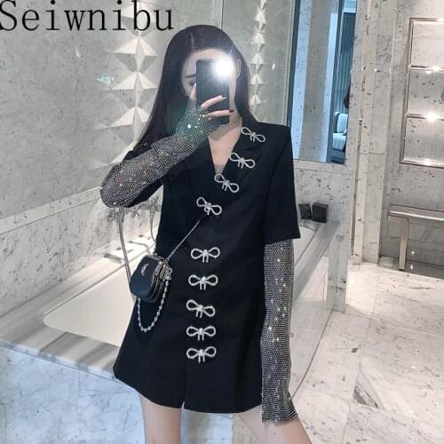 Heavy craft diamonds bow decoration fashion personality short-sleeved suit jacket women spring and summer new mid-length