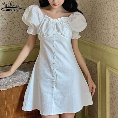 2021 Solid Cotton Square Neck Puff Sleeve Dress for Women Sweet French High Waist Dress Chic Women Summer Dress Robe Femme 14584