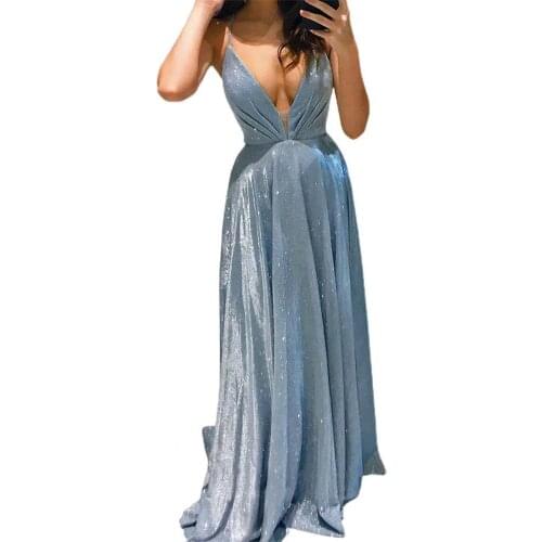 New Evening Party Women Dress Elegant Sexy Backless Sparkly Spaghetti Strap Gown Low Cut Floor-Length Formal Dresses Banquet