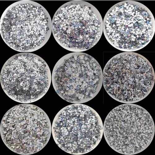 20g Laser Silver Nail Sequin 1-5mm Multi Star Heart moon dot loose Sequins Paillettes for Nail Arts/wedding decoration confetti