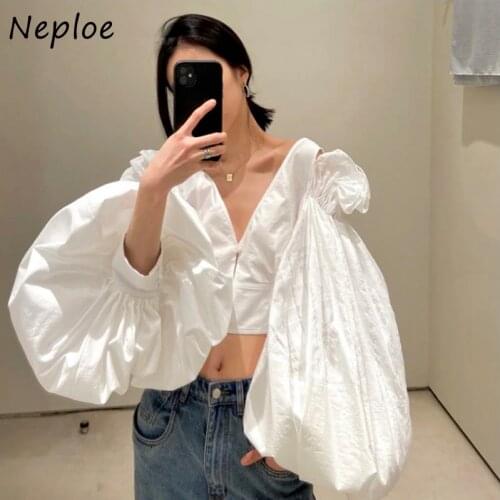 Neploe French Hepburn Style Stylish Women Bouses V-neck Shirts Female Summer 2021 New Design Sense Retro Big Puff Sleeve Shirt