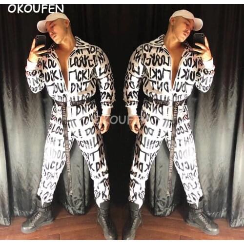 Bar nightclub men and women ds party tide brand labor day letter print one-piece tooling jumpsuits costume