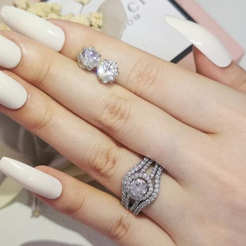 2pcs Pack 925 Sterling Silver Jewelry Set Halo Engagement Ring Round Stud Earring For Wedding Gift Christmas J6289