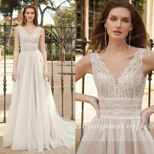 Lakshmigown V-neck Lace Wedding Dresses A-line Backless Bride Dress Robe de Mariee Sweep Train Bridal Dresses