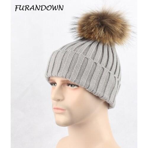 FURANDOWN Fur Pompom Winter Hats For Men Womens Cap Striped Knitted Beanies Caps With Pompons
