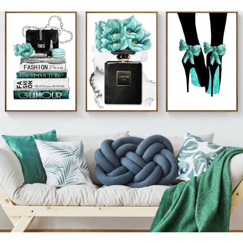 Fashion Perfume Bottle Poster High-heeled Shoes Canvas Painting Satchel Book Art Print Nordic Wall Picture For Living Room Decor
