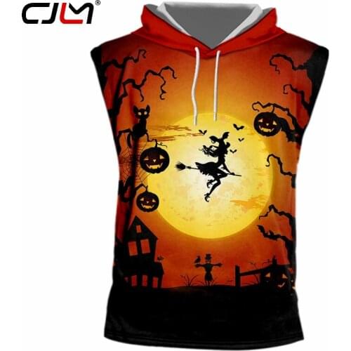 CJLM Large Size Leisure Mens Hooded Tank Top 3D Pumpkin And Broom Witch Printed Halloween Clothing Suppliers Man Brand TankTop