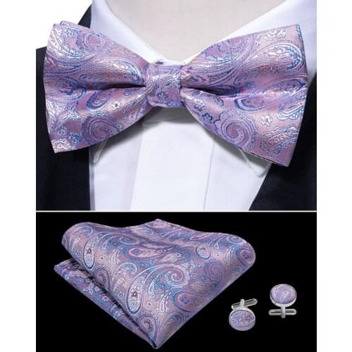 Men Pink Bowtie Paisley Silk Bows Floral Pre-Tied Butterfly Ties Pocket Square Cufflinks Set Gift for Male LH-847 Barry.Wang