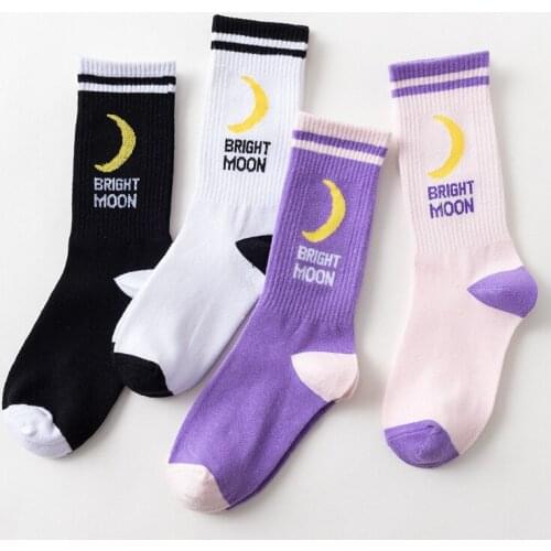 Autumn Winter Unisex Socks for Women Men Bright Moon Harajuku Japanese Cotton Sokken Letter Couple Socksx Streetwear White