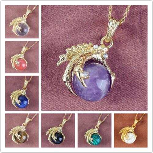 KFT Natural Stone Dragon Claw Pendant Healing Crystal Quartz Amethysts Round Beads Stone Pendants Necklace Link Chain Jewelry