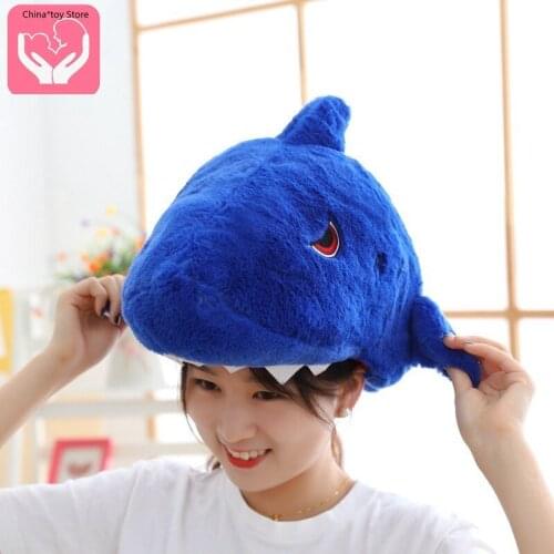 Hot Blue Hairy Shark Headgear Hat Plush Toy Doll PP Cotton Stuffed Plush Animal Costume Accessories Surprise Children