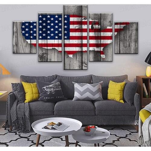 Retro USA American Flag US Map Military Canvas Prints Wall Art Vintage Thin Blue Line Home Decor Pictures for Living Room 5 Pane