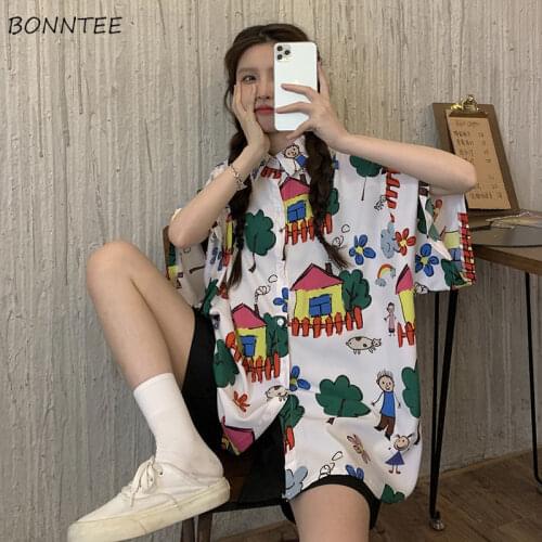 Shirts Women Kawaii Design Cartoon Printing Summer Loose Retros Bf Teen Girls Short Sleeve Vintage Korean Style All-match Tops