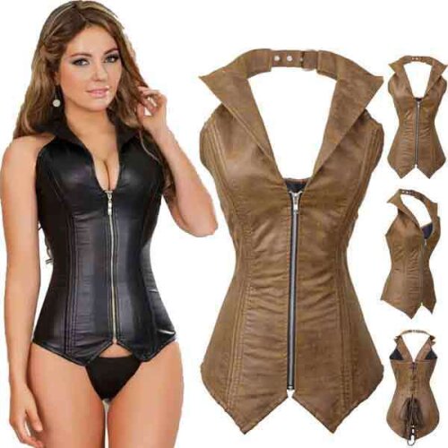 Black Sexy Faux Leather Corsets And Bustiers Steel Boned Corset Steampunk Corselet Overbust Halter-neck Gothic Corpete With Zip