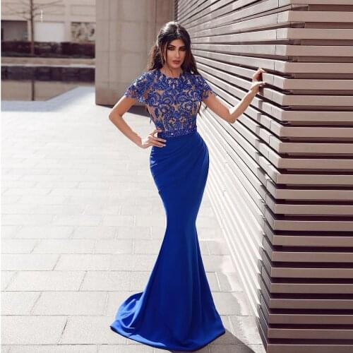 Daek Blue Elegant Exquisite Sexy Evening Dress See Thru Applique Floor Length Mermaid Dress Sequins Special Occasion Prom Dress