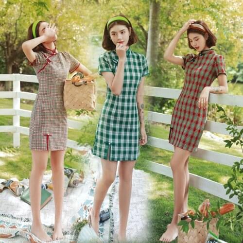Traditional Chinese Cheongsam Dress for Woman Summer Vintage Plaid Short Sleeve Qipao Elegant Female Party Wedding Dress