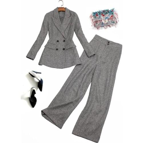 Grey Pants For Women Autumn Winter Wool Formal Business Suits Ladies Clothes Jackets & Coats Long Trousers Two Piece Set
