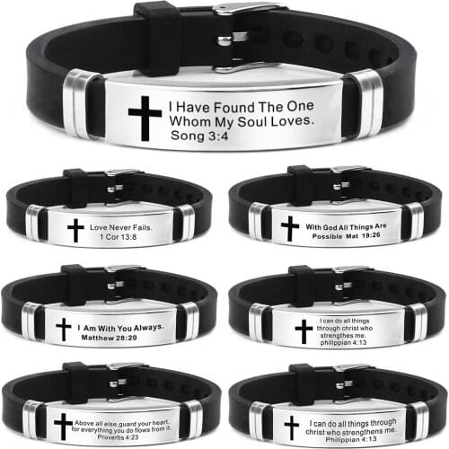 Cross Scripture Bracelet Stainless Steel Love Never Fails Silicone Strap Bracelet Inspirational Bracelet Accessories for Women