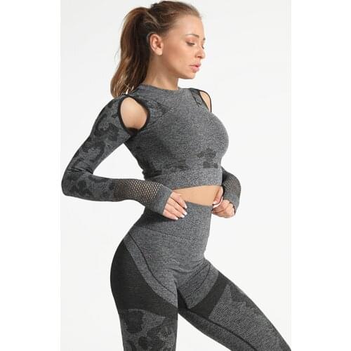 2PCS Camouflage Camo Gym Set Sports Wear For Women Workout Fitness Clothing Booty Fitness Leggings + Long Shirt Sport Suit Femme