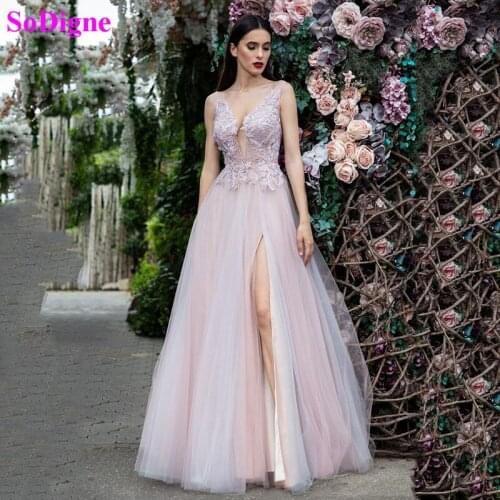 SoDigne Elegant Evening Dresses V Neck Lace Appliques High Side Split Prom Gowns Sexy Backless Women Formal Dress