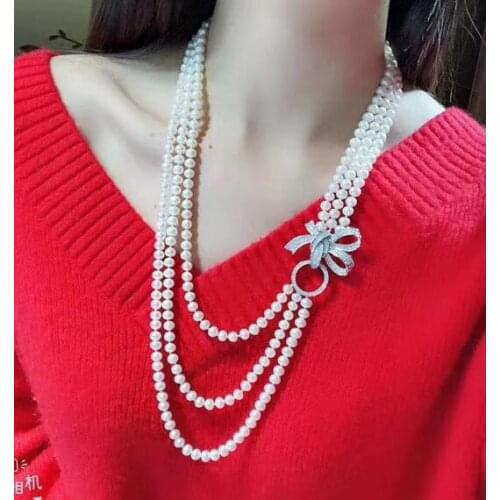 Free shipping jewelry Handmade 3row 7-8mm White Pearl CZ Necklace Pendant 925 silver micro inlay zircon leaf clasp accessory