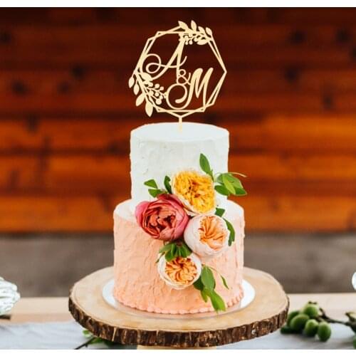 Floral Wreath Wedding Cake Topper with Personalizable Names , Personalized Custom Unique Laser Cut Rustic Toppers