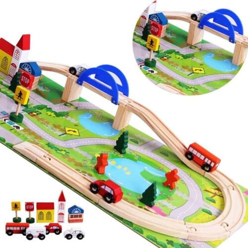 Wooden Train Track Racing Track Building Blocks Railway Bridge Train Track Set Vehicles Kids Educational Toys Children Gifts