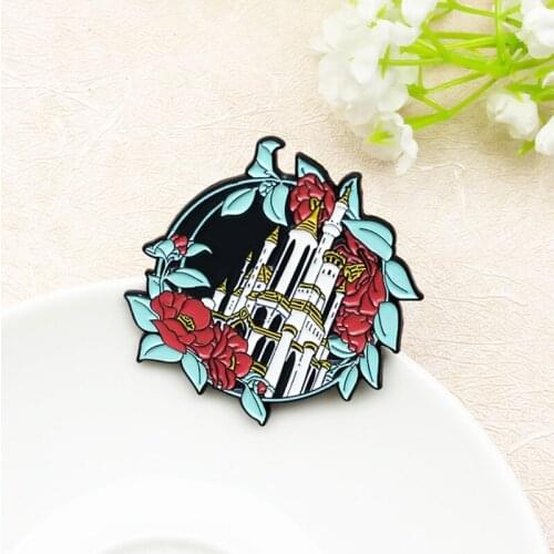 Punk Retro White Castle Enamel Pins Night Red Rose Castle Oil painting Custom Badges Lapel Pin Brooches Jewelry Gift for Friends
