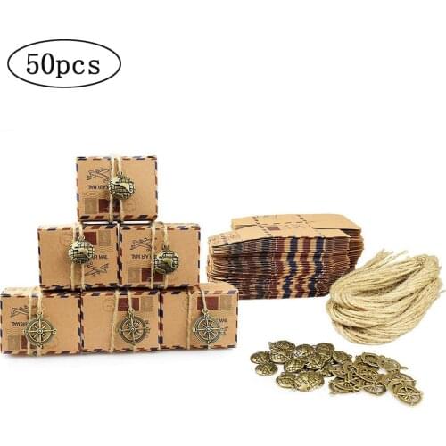 50pcs Vintage Inspired Airmail Design Candy Boxes Bonbonniere With Compass Kraft Paper Treat Boxes Wedding Favors Gift Boxes