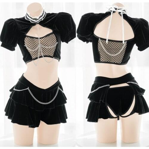 Sweet Sexy Maid Black Velvet Kawaii Lingerie Anime Cosplay Role Play Costume for Women Girls See Though Schoolgirl Outfit Black
