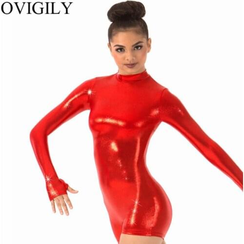 OVIGILY Adults Gold Long Sleeve Shorty Unitards Women Metallic Mock Neck Biketards Ballet Leotards For Performance Dancewear Zip