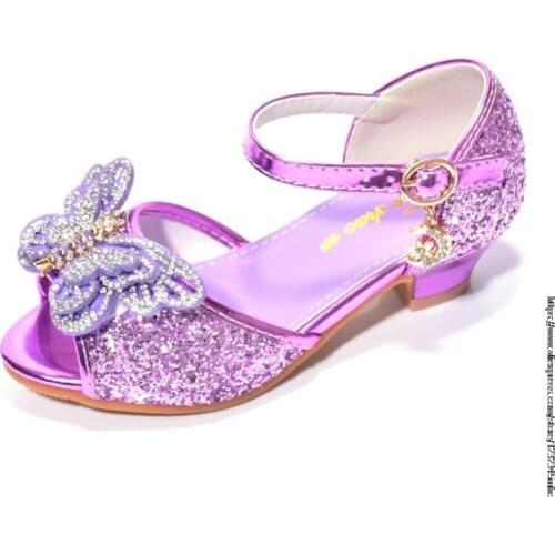 Frozen Princess Kids Leather Sandals for Elsa Girls Bow Casual Shoe Glitter Children High Heel Girls Elsa Sandals Butterfly Knot