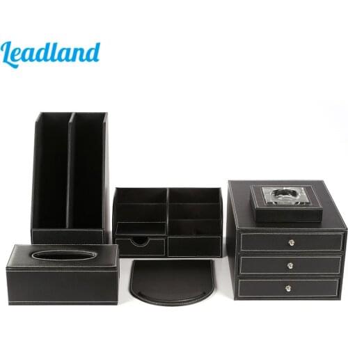 Deluxe Office Desktop 6-Piece Set Pen Pencil Holder File Rack Stationery Organizer Box Tissue Dispenser Ashtray T02 Black/Brown