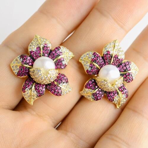 Cz Pave Pearl Earrings White Pearl Yellow Gold Plated Cz Flower Stud Earrings